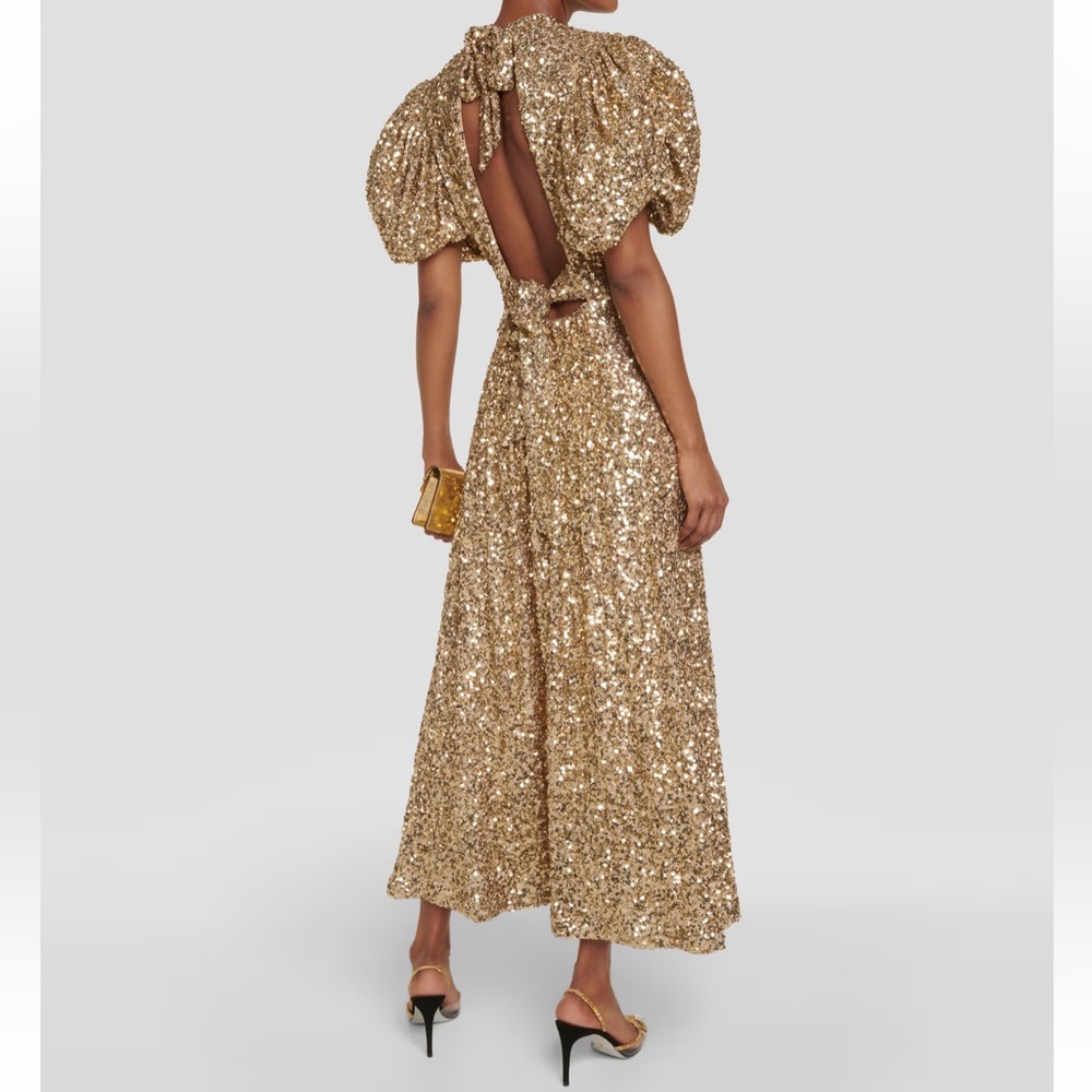 Gold Sequin Midi Dress with Puff Sleeves and High Neck - Picture 2 of 15
